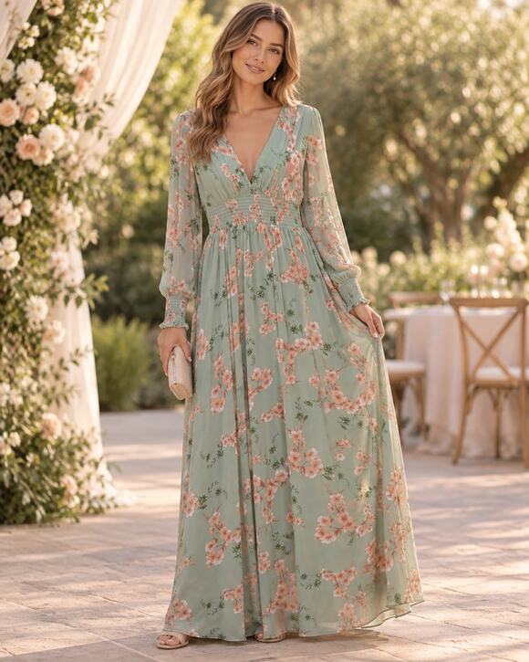 Baltic Born Dresses & Skirts - Baltic Born Olivia Maxi Dress L Sage Peach Floral Chiffon Smocked Wedding